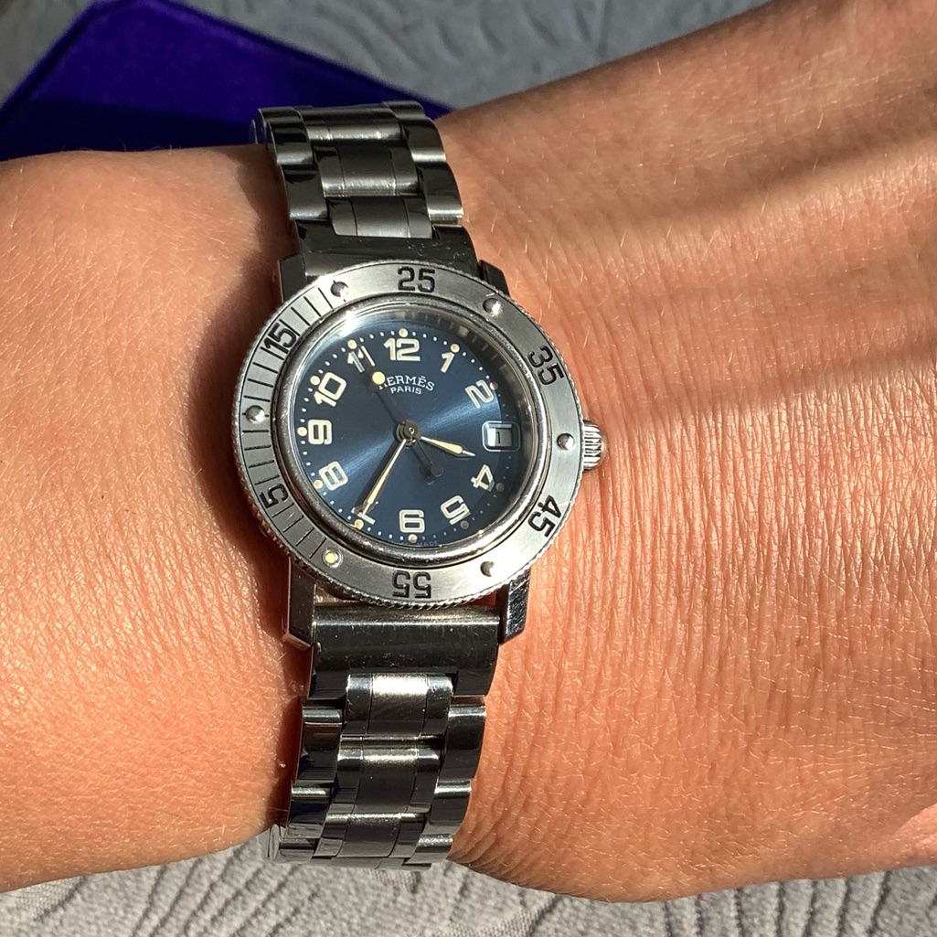 Hermes Silver Steel Bracelet Watch With Blue Dial